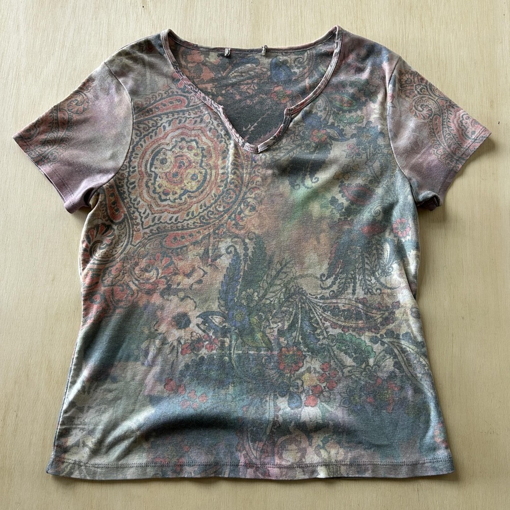 Y2K Multicolor Paisley Shirt Womens Medium V Neck Short Sleeve Casual Tee Top